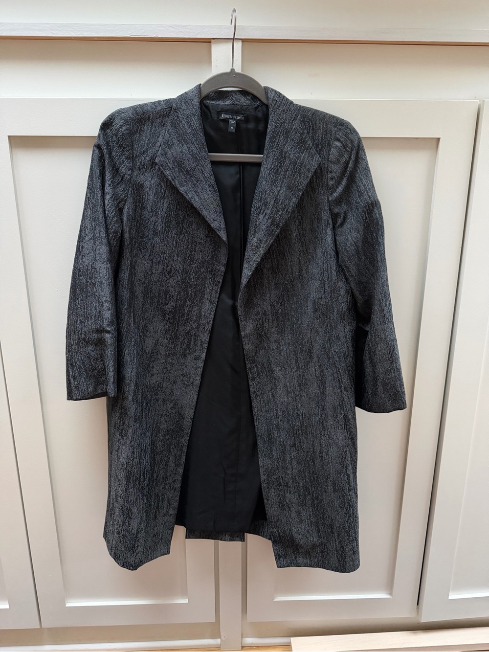 Eileen Fisher gray and black silk blend trench coat jacket xs